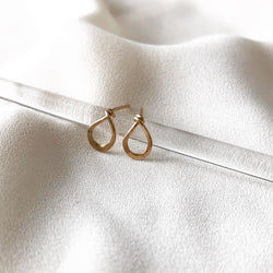water droplet gold  stud post earrings, resting on a white background