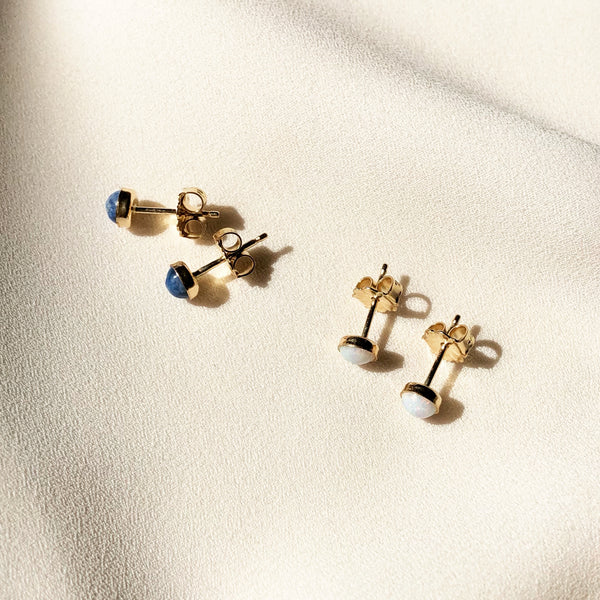 14k gold filled stud earrings with opal or denim lapis stones